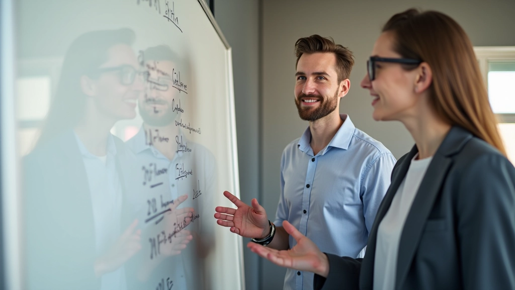 Zwei Menschen diskutieren ein Projekt an einem Whiteboard, wobei jeder seine speziellen Stärken nutzt