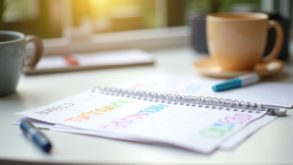 Kalender mit positiven Affirmationen und Notizen für optimistische Gedankenmuster