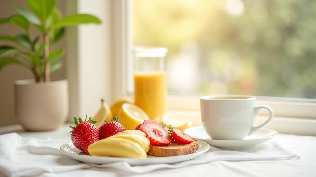 Frühstückstisch mit Obst, Toast und Tee, morgenliches natürliches Licht von oben