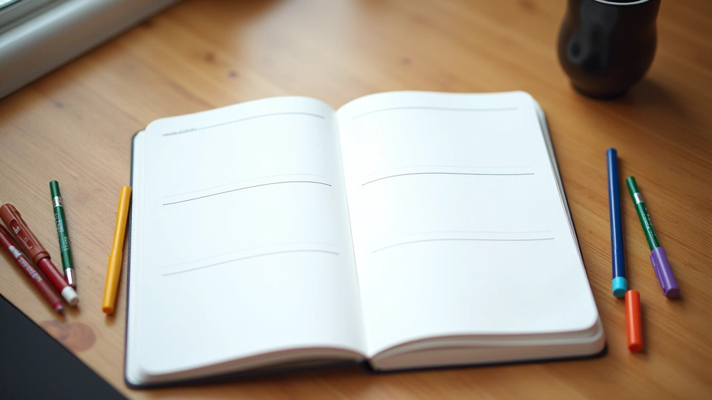 Notizbuch mit drei Spalten: negative Gedanken, Überprüfung und umgewandelte positive Aussagen, buntstifte daneben