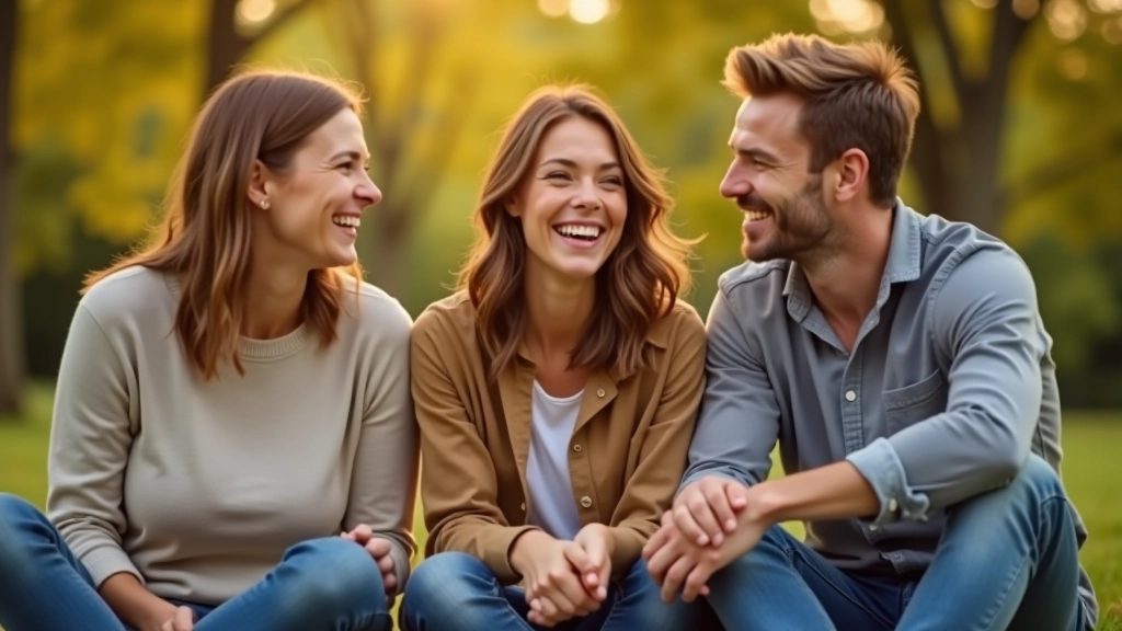 Freunde sitzen zusammen im Freien und lachen, entspannte Atmosphäre