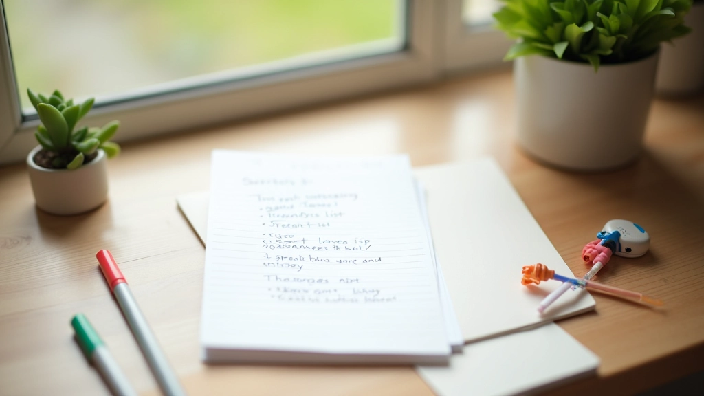 Notizbuch mit aufgelisteten persönlichen Stärken und Fähigkeiten auf Holztisch