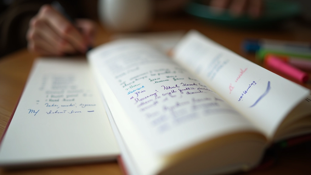 Nahaufnahme von Notizbuchseiten mit verschiedenen Schreibstilen, Stiften und Markierungen, warmes Licht von oben