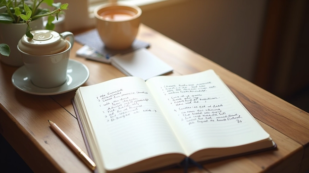 Offenes Notizbuch mit handgeschriebenen Einträgen auf Schreibtisch mit Bleistift und Tasse