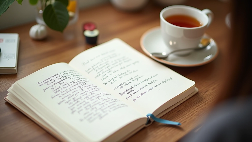 Tagebuch mit Notizen über vergangene Herausforderungen und Lösungen, reflektive Schreibsession mit Tee