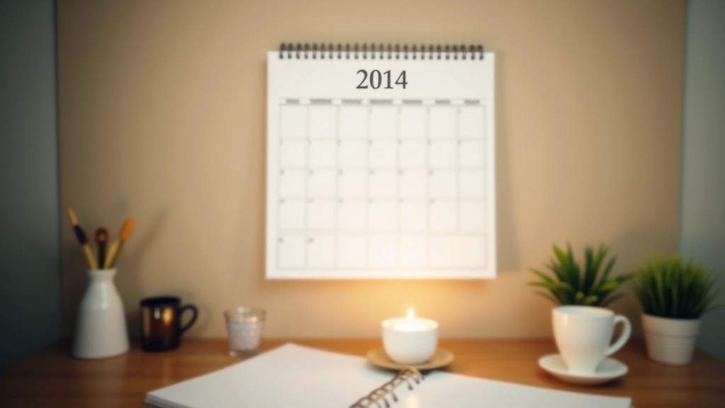 Kalender auf Schreibtisch mit markiertem Datum, Kaffeetasse und Pflanze im Hintergrund