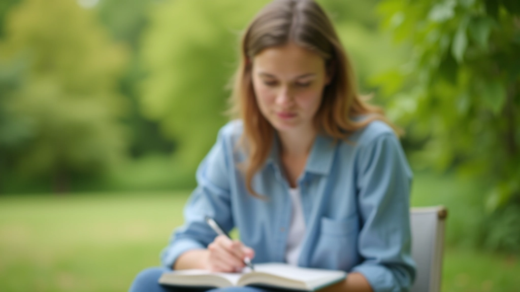 Person sitzt im Freien und schreibt in Notizbuch, konzentrierter Blick auf die Seite