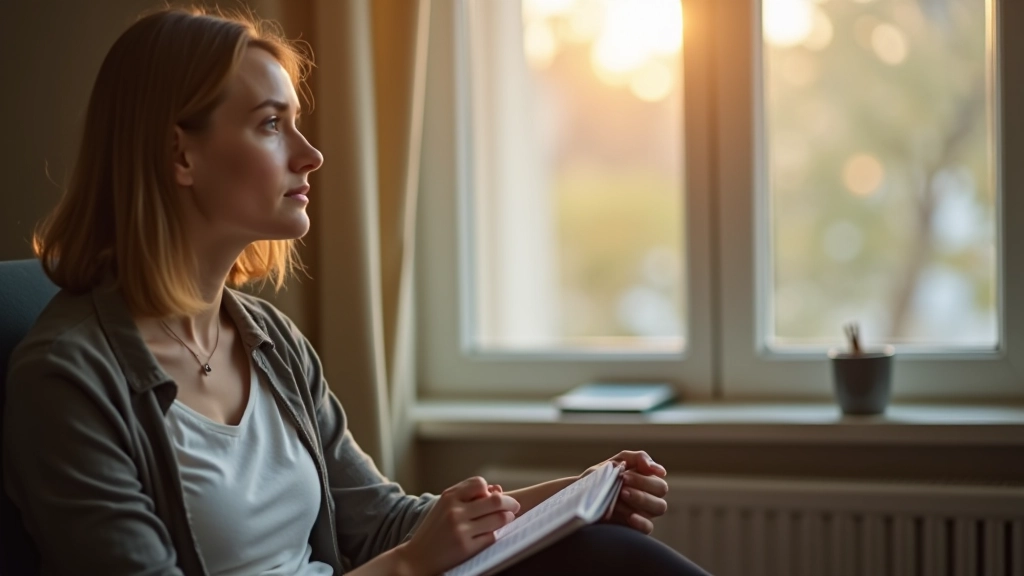 Person blickt nachdenklich aus Fenster, hält Notizbuch in den Händen, Licht durchströmt das Zimmer, friedliche Atmosphäre