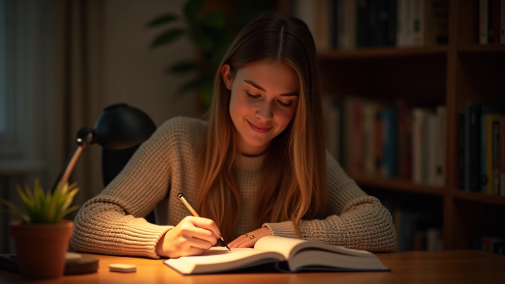 Person führt ein Dankbarkeitstagebuch und schreibt fünf Dinge auf, für die sie dankbar ist, gemütliche Abendatmosphäre