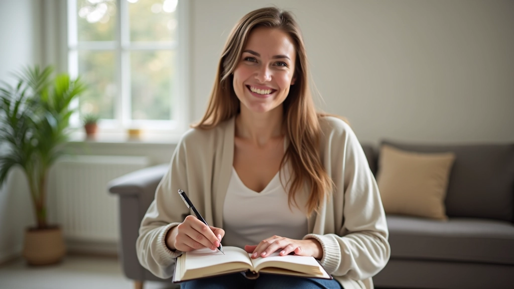 Person sitzt in ruhiger Umgebung und praktiziert Achtsamkeit mit offenem Tagebuch