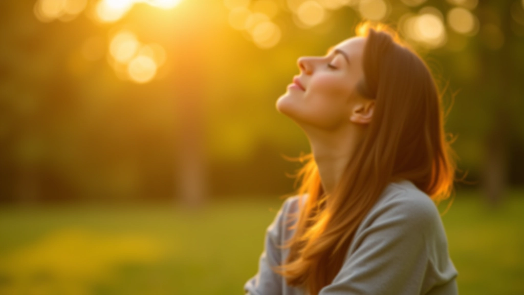 Person sitzt im Park und genießt den Moment mit geschlossenen Augen in Sonnenlicht