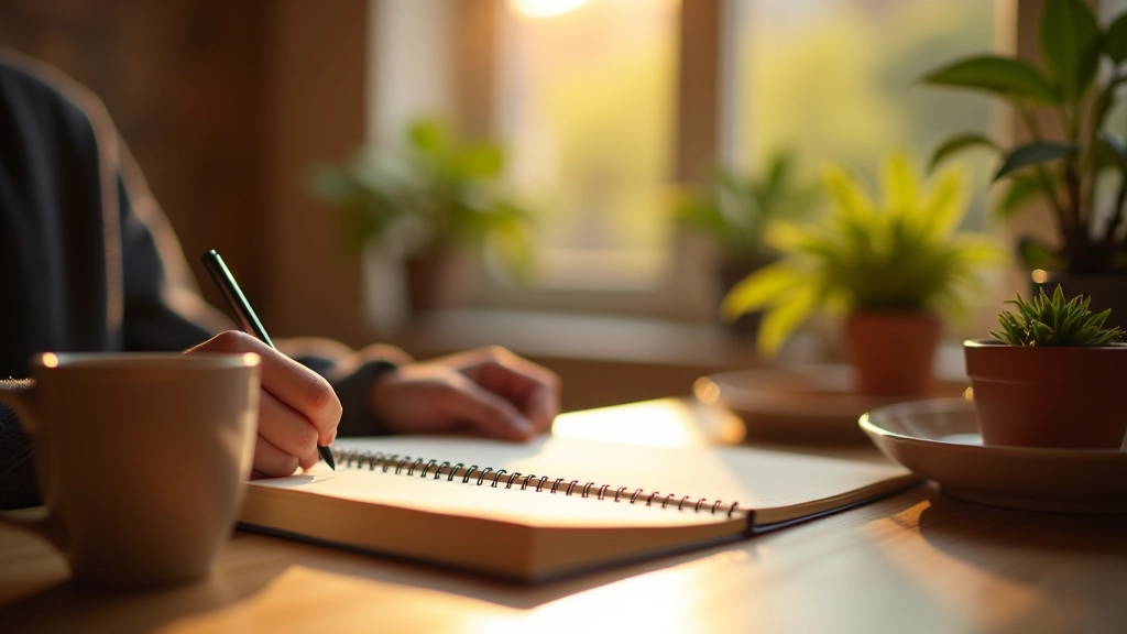 Person schreibt in Dankbarkeitstagebuch mit Kaffee und Notizbuch auf hölzernem Schreibtisch