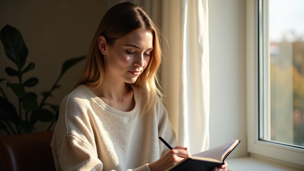 Frau sitzt in entspannter Haltung mit Notizbuch und schreibt positive Gedanken auf, sonniger Morgen am Fenster