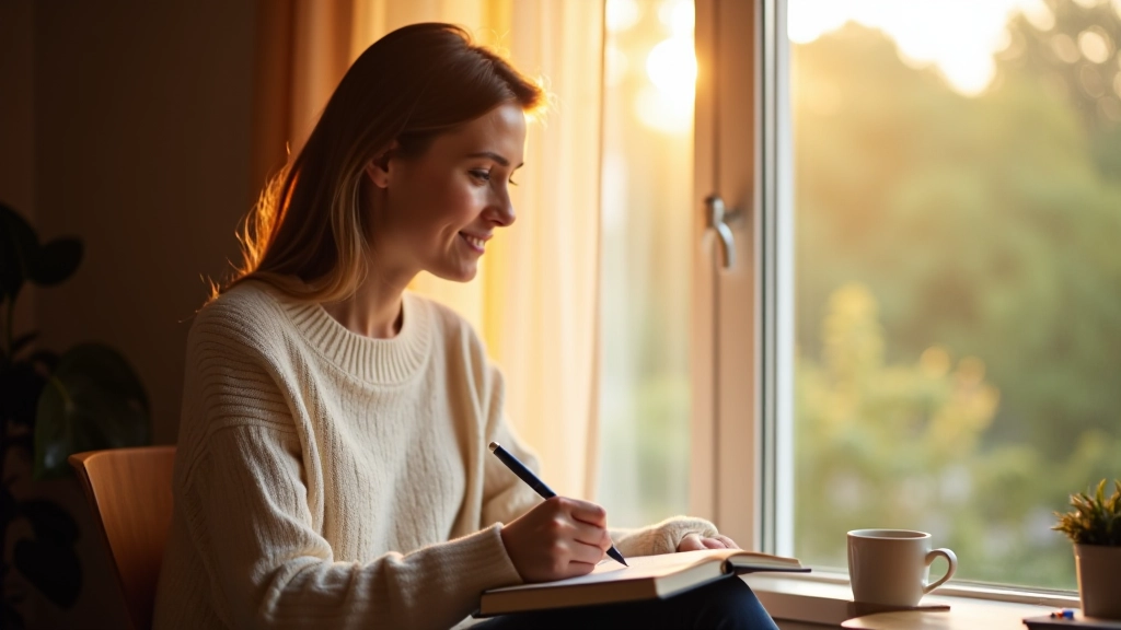 Frau sitzt am Fenster mit Notizbuch und schreibt mit Stift, natürliches Licht von außen, entspannte Atmosphäre
