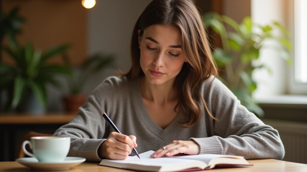 Person schreibt ihre Stärken und Fähigkeiten in ein Notizbuch auf, mit Kaffeetasse auf dem Schreibtisch
