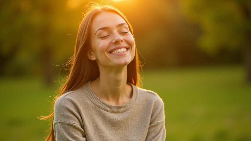 Person in entspannter Haltung, sitzt auf Wiese und genießt Sonnenuntergang mit Augen geschlossen