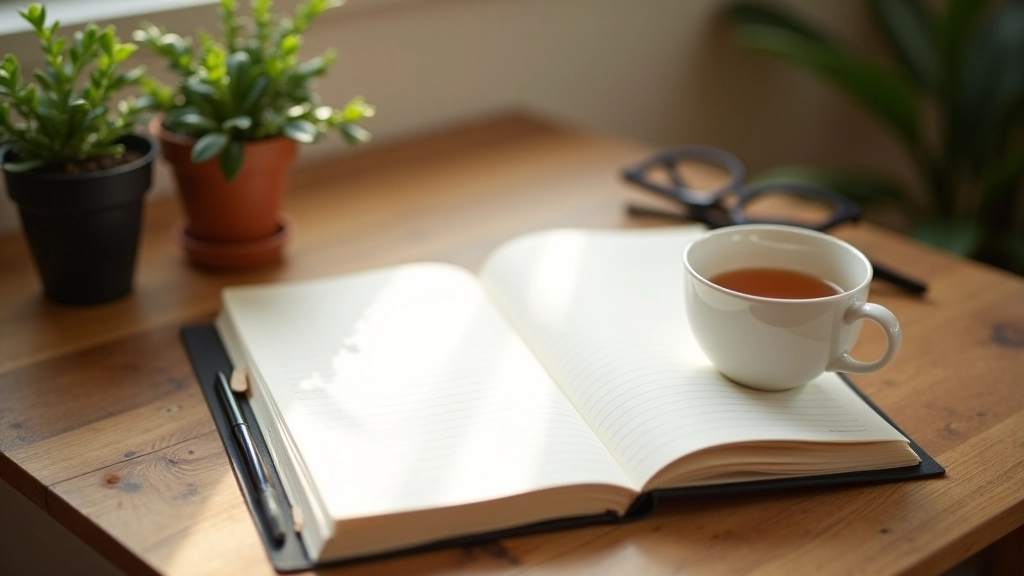 Schreibtisch mit Tagebuch, Pflanze und warmer Morgenbeleuchtung, ruhige Arbeitsatmosphäre